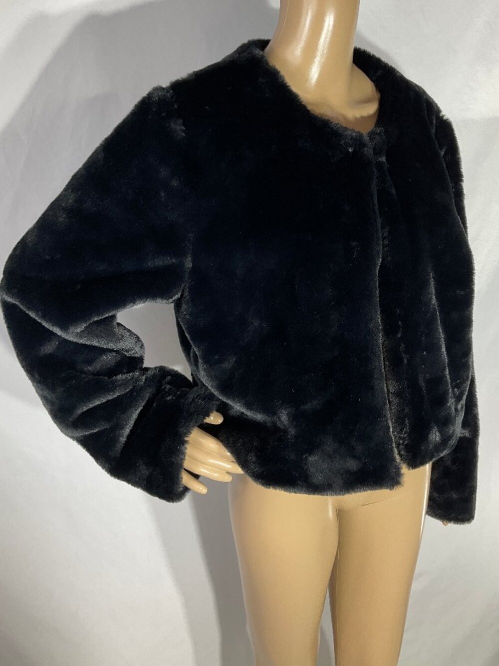 NWT Planet Gold Sz XXL Black Faux Fur Coat Cropped Jacket Womens
